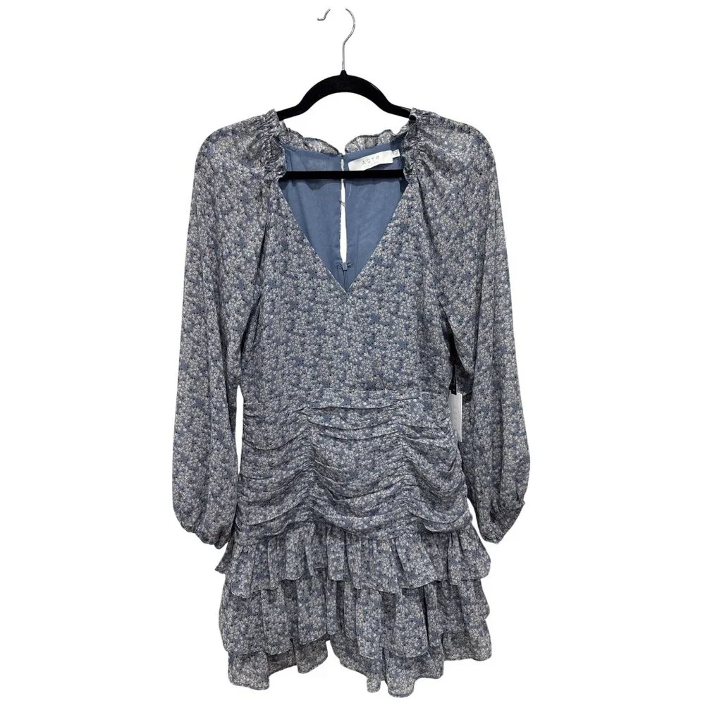 ASTR The Label Blue Floral Long Sleeve Ruffled Mini Dress Women's LARGE - Picture 2 of 11